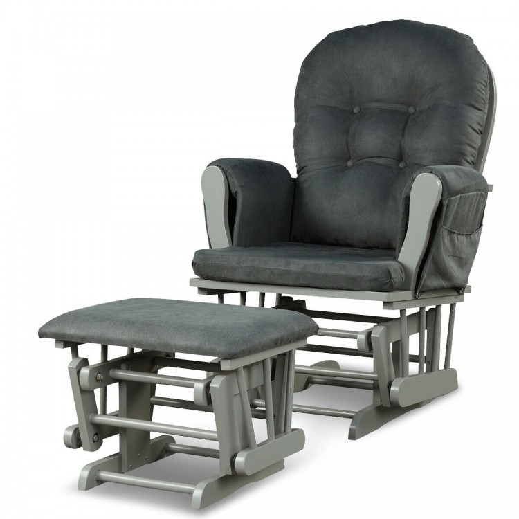 Dark gray wood glider and ottoman set with padded armrests, detachable cushion, and smooth gliding motion for comfort.