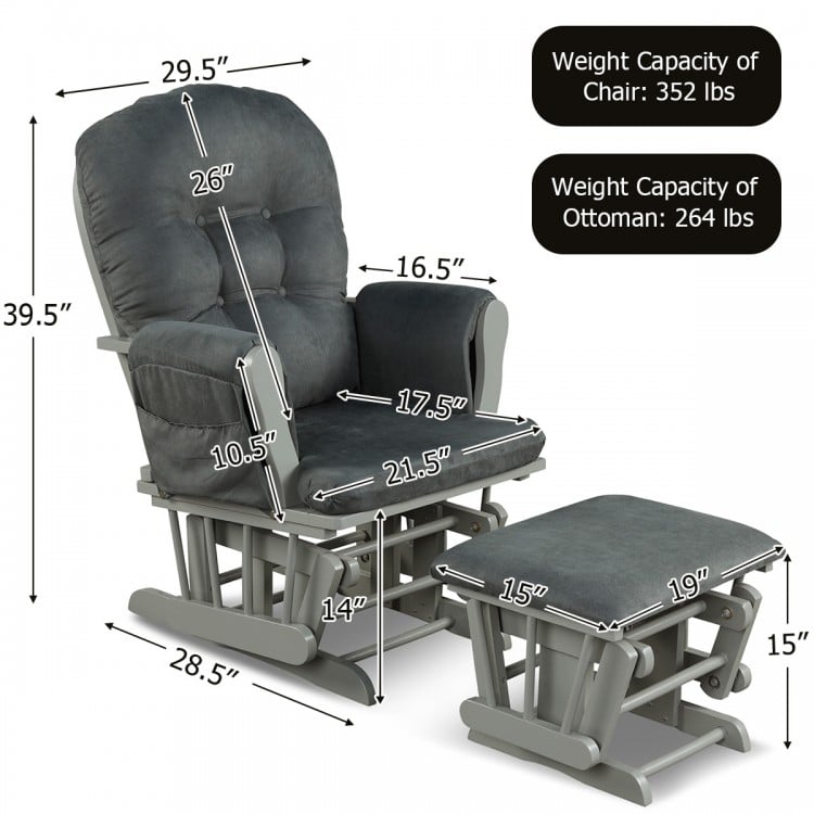 Dark gray wood glider and ottoman set with padded armrests, featuring smooth gliding motion and detachable cushion for.