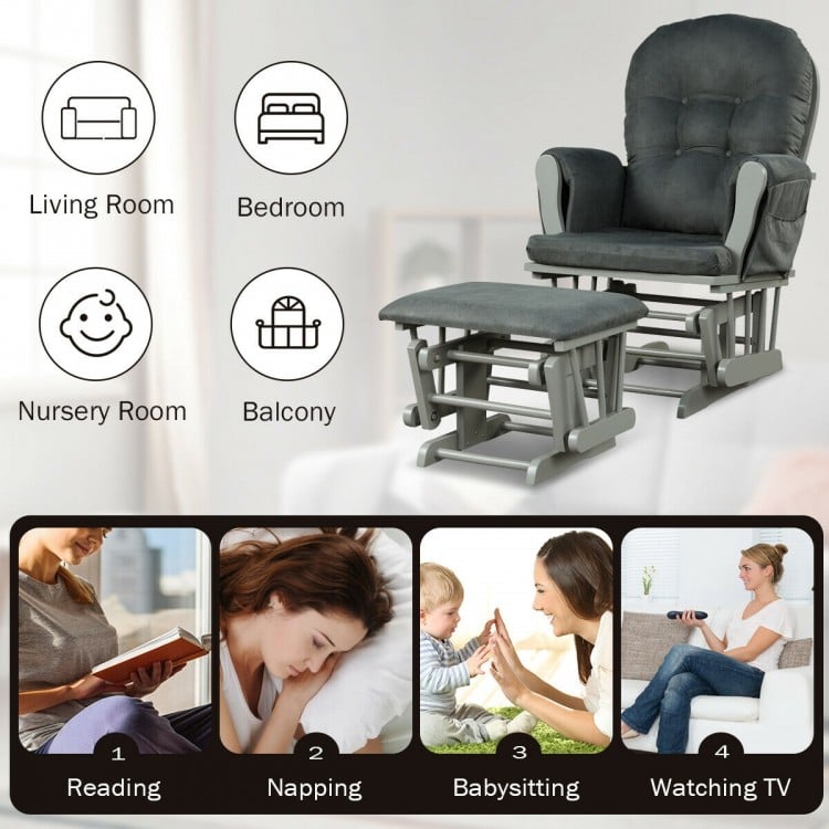 Dark gray wood glider and ottoman set with padded armrests, ideal for nursing, napping, or relaxing in any room.