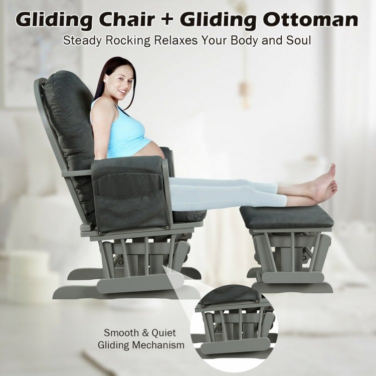Gliding chair and ottoman set in dark gray with padded armrests, featuring smooth gliding motion for comfort.