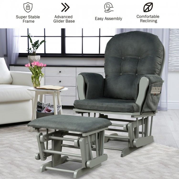 Dark gray wood glider and ottoman set with padded armrests, featuring a stable base and smooth gliding motion for.