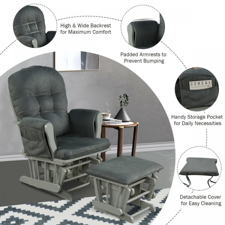 Wood glider and ottoman set in dark gray with padded armrests, high backrest, and detachable cushion for easy cleaning.