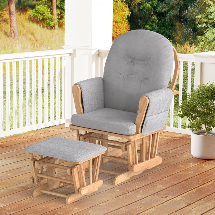 Wood glider and ottoman set with padded armrests, detachable cushion, and smooth gliding motion for comfortable.