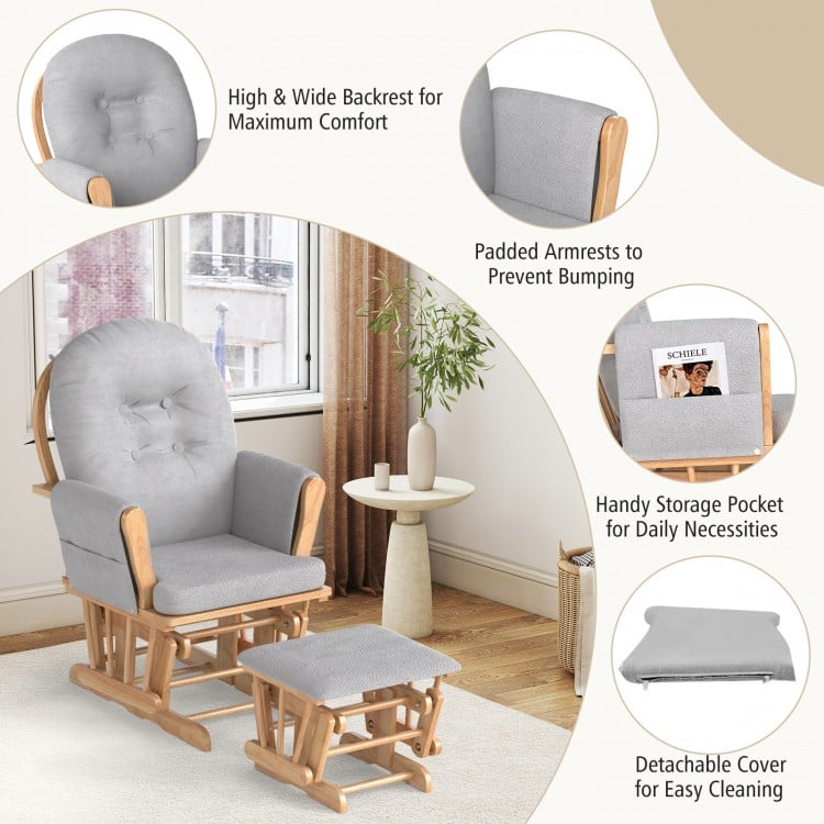 Wood glider and ottoman set with padded armrests, detachable cushion, and storage pocket for comfort and convenience.