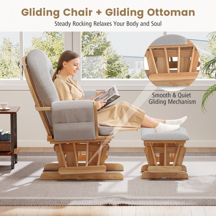 Wood glider chair with padded armrests and detachable cushion, paired with a gliding ottoman for comfortable relaxation.