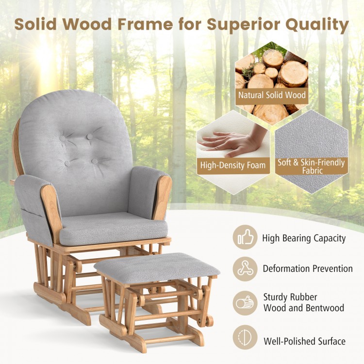 Wood glider and ottoman set with padded armrests, high backrest, and detachable cushion for comfortable gliding.