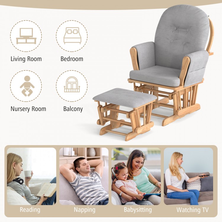 Wood glider and ottoman set with padded armrests, featuring a natural finish, perfect for nursery or living room.