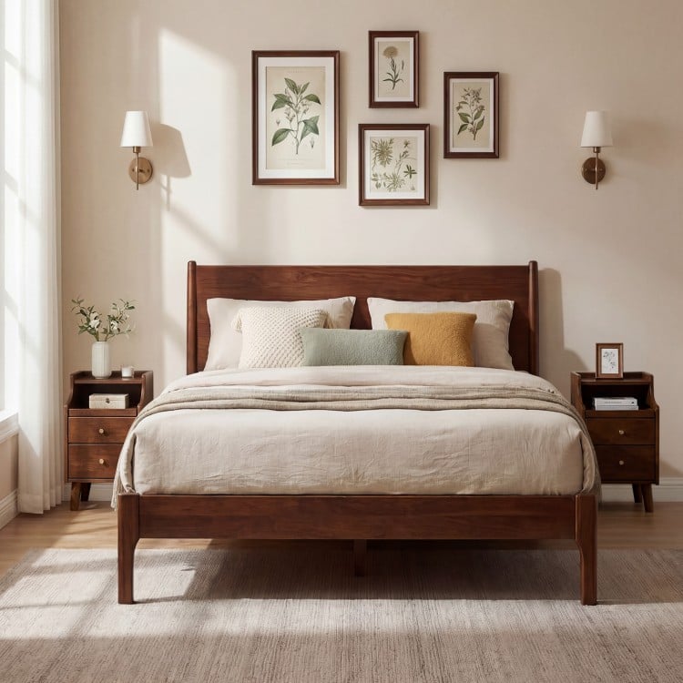 Wood nightstand set of 2 with drawers, solid rubber wood construction, and cable management for a tidy bedroom look.
