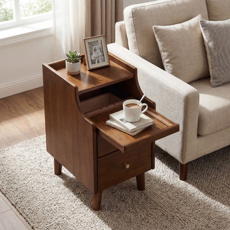 Wood nightstand with pull-out tray, two drawers, and solid wood legs in brown, perfect for bedside storage.
