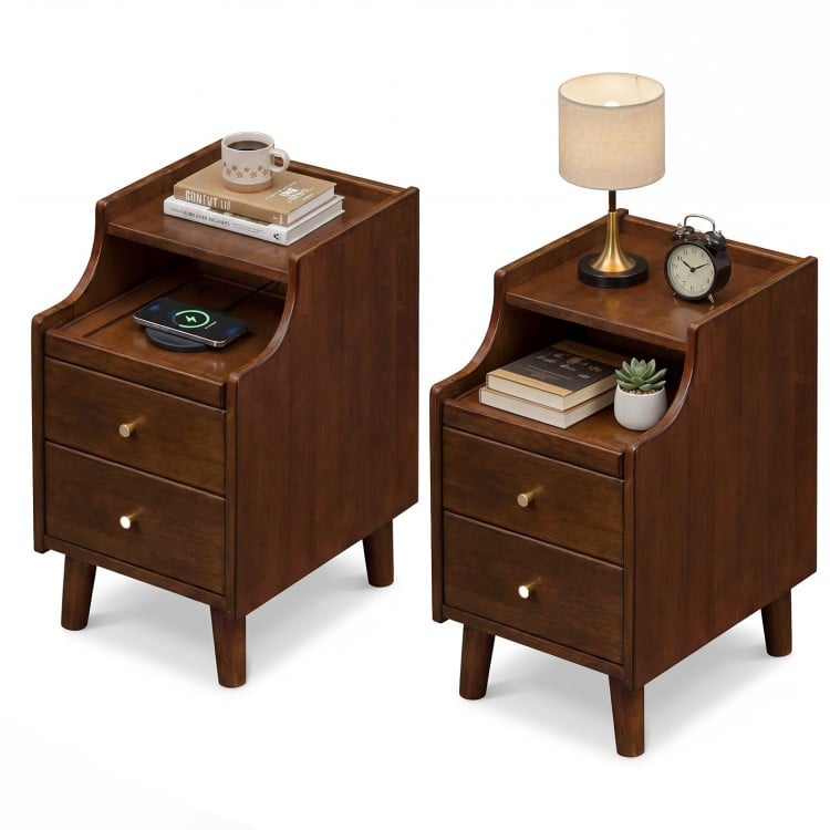 Brown wood nightstand set of 2 featuring drawers, solid wood legs, and a pull-out tray for cable management.