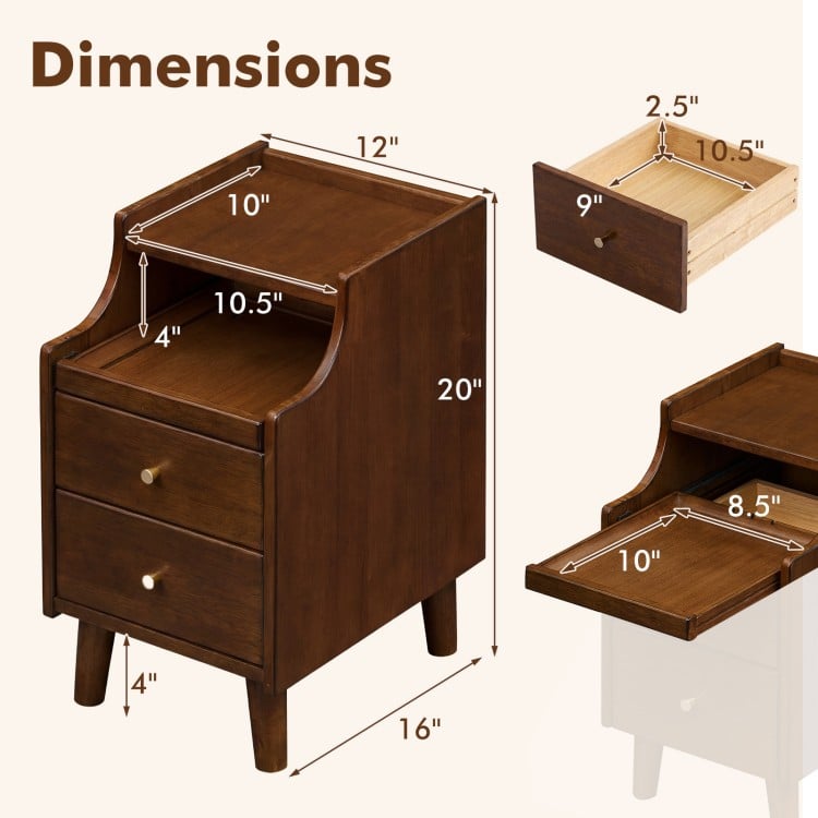 Wood nightstand with two drawers and pull-out tray, featuring solid rubber wood construction and cable management.