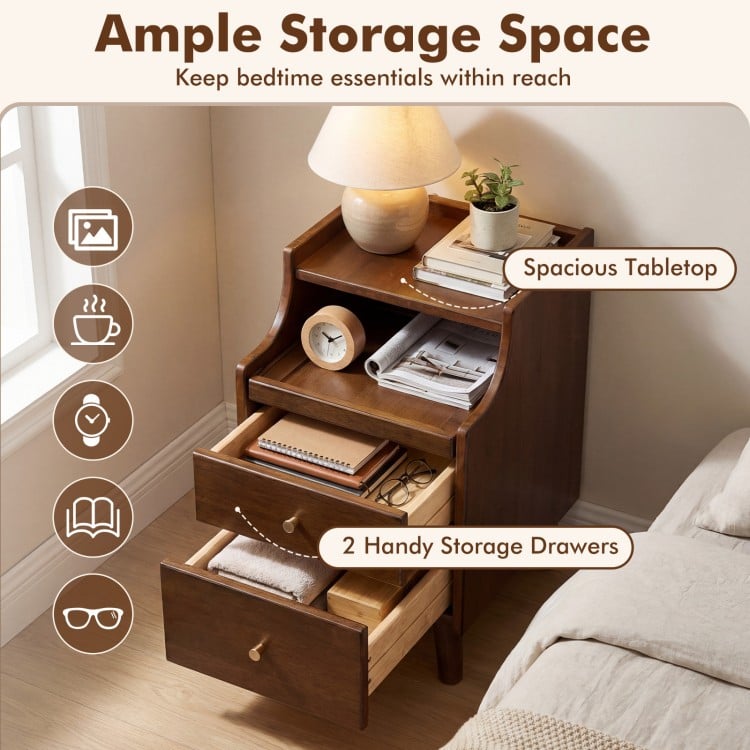 Wood nightstand with spacious tabletop and two storage drawers, crafted from solid rubber wood for durability.