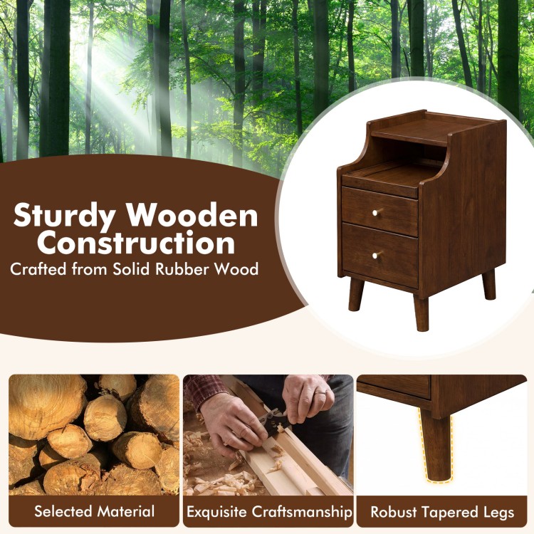 Brown wood nightstand set of 2 with drawers, solid rubber wood legs, and cable management for bedside organization.