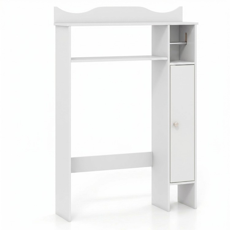 White wood over the toilet bathroom space saver with shelves and a toilet paper holder for efficient storage.