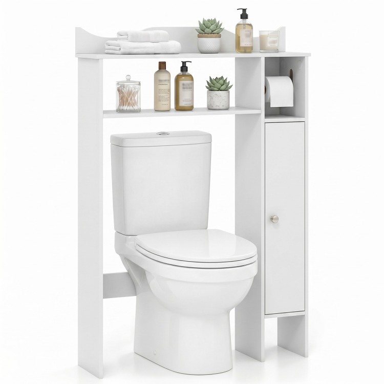 Wood over the toilet bathroom space saver in white with shelves, side cabinet, and toilet paper holder for efficient.