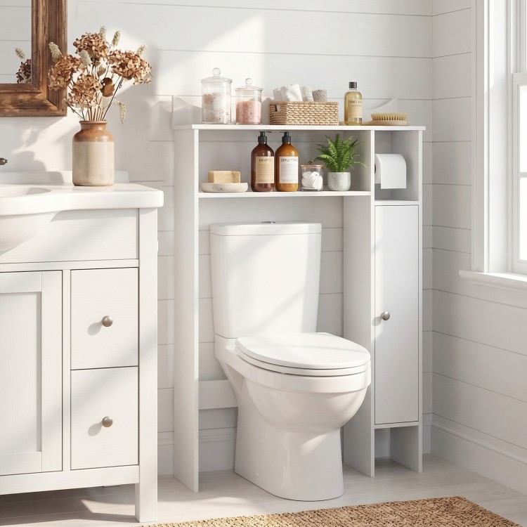 Wood over the toilet bathroom space saver in white with shelves and toilet paper holder for maximizing storage.