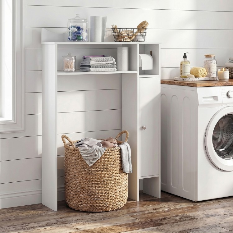 White wood over-the-toilet bathroom space saver featuring shelves and a toilet paper holder for efficient storage.