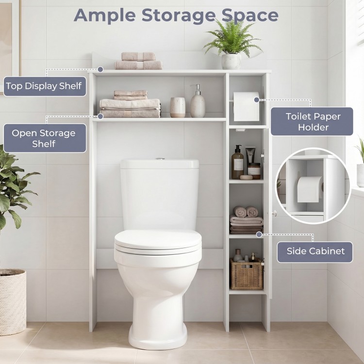 Wood over the toilet bathroom space saver in white with top shelf, open storage, side cabinet, and toilet paper holder.