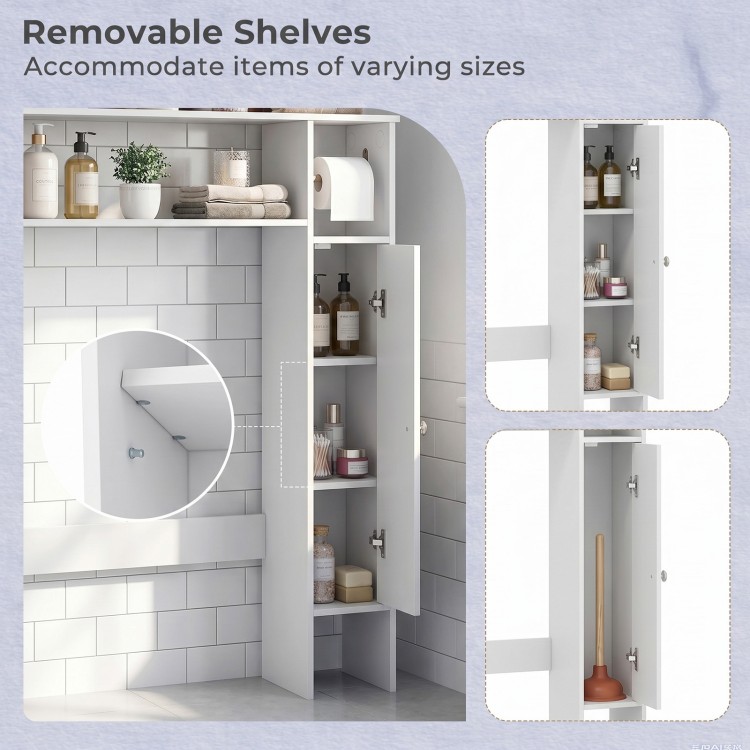 Wood over the toilet bathroom space saver in white with removable shelves and a toilet paper holder for efficient.