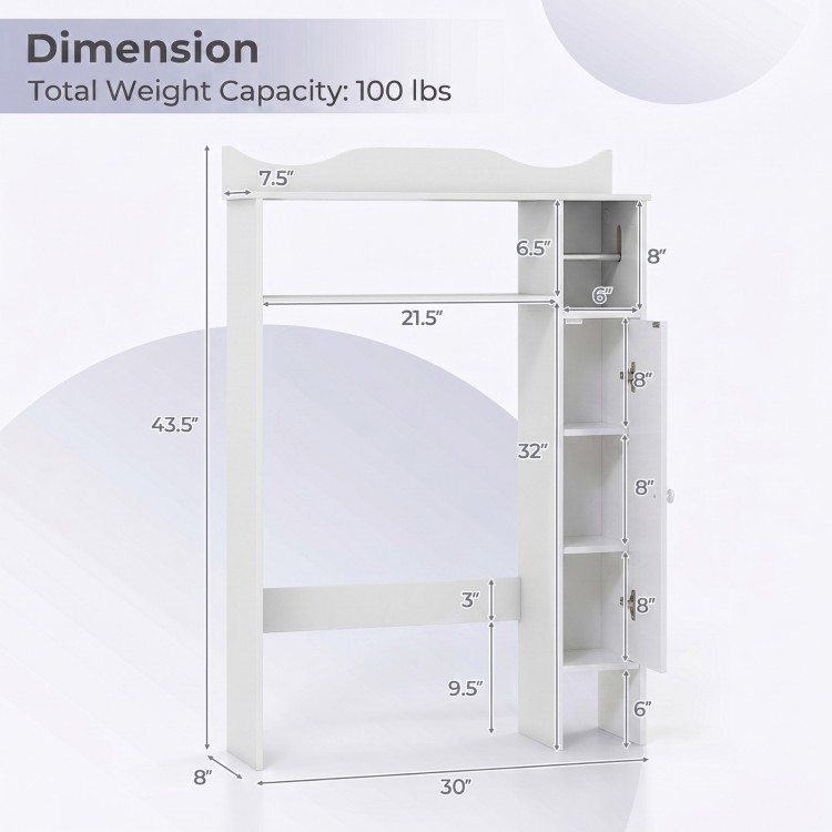 Wood over the toilet bathroom space saver in white, featuring shelves, a paper holder, and dimensions for compact.