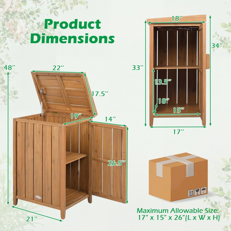 Wood package delivery box with openable lid, removable shelf, and acacia wood frame, ideal for garden storage.