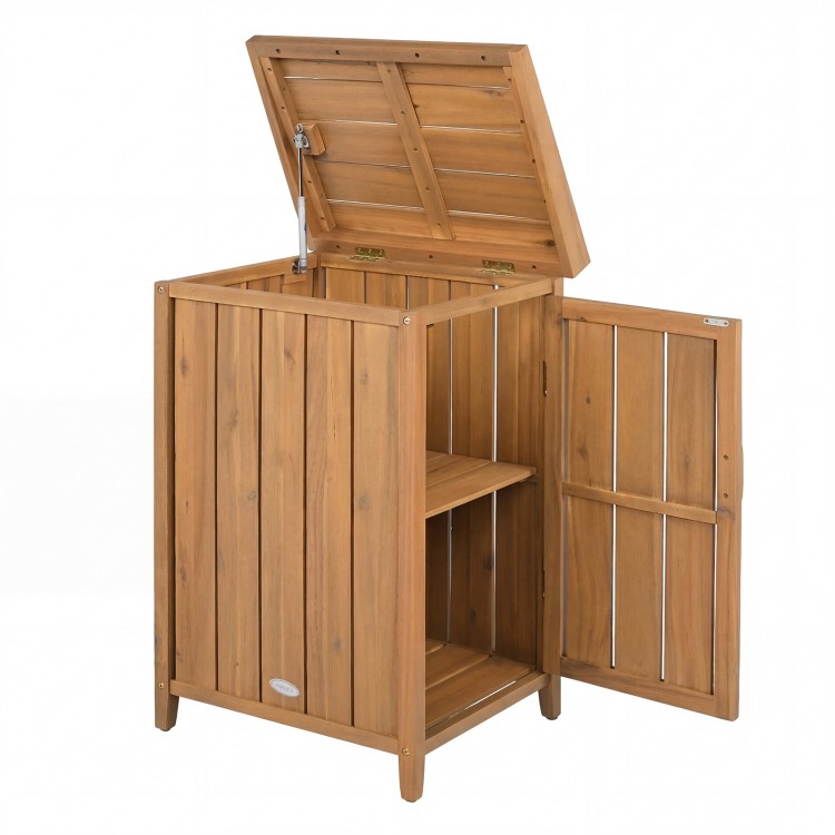 Wood package delivery box with openable lid and removable shelf, made of sturdy acacia wood for outdoor storage.