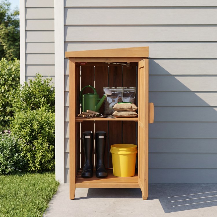 Wood package delivery box with openable lid and removable shelf, made of acacia wood, ideal for garden storage.