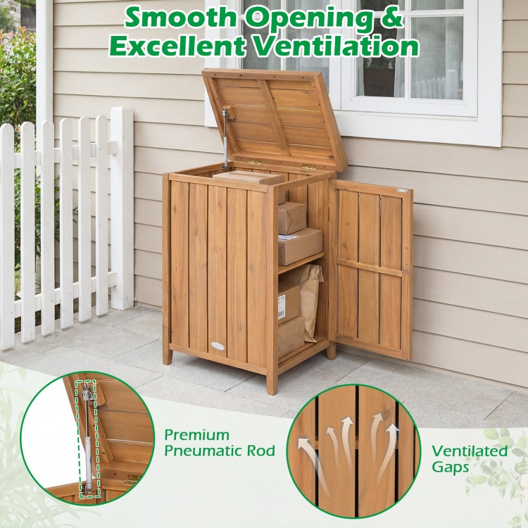 Wood package delivery box with openable lid, removable shelf, and ventilated gaps for outdoor storage in acacia wood.