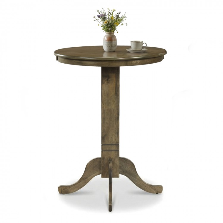 Round wood pub dining table with pedestal base in gray, perfect for 2-4 people, featuring a sturdy rubber wood frame.