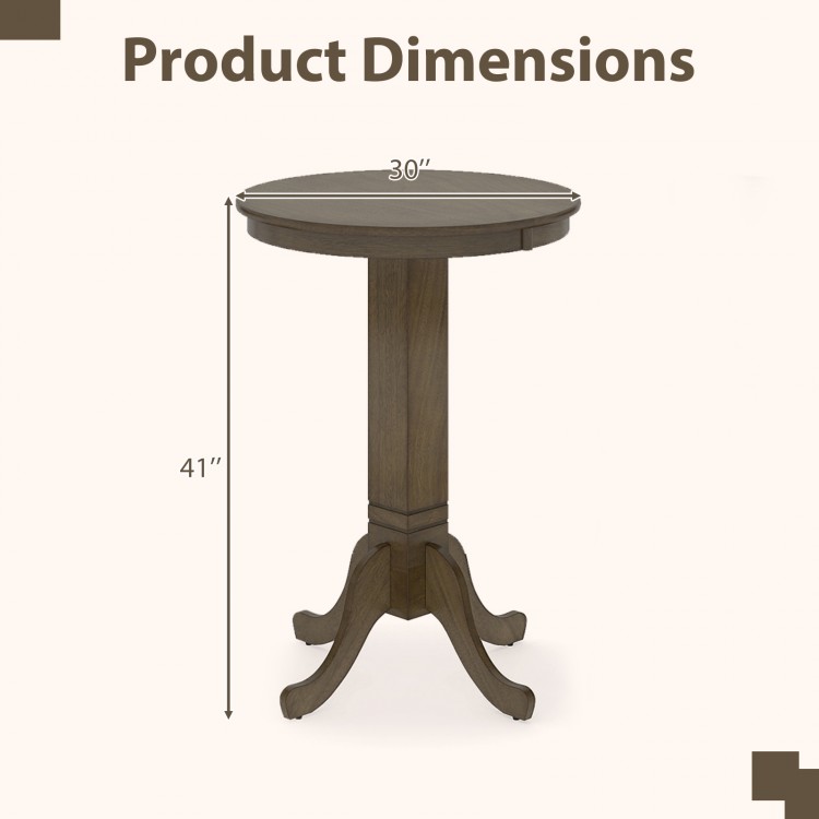 Round dining table with pedestal base, gray finish, 30" diameter, ideal for 2-4 people, showcasing rustic style.