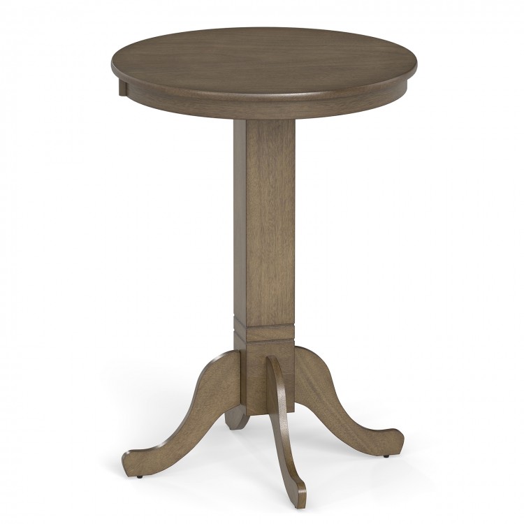 Round gray wood pub dining table with pedestal base, 30" size, sturdy rubber wood frame, ideal for 2-4 people.
