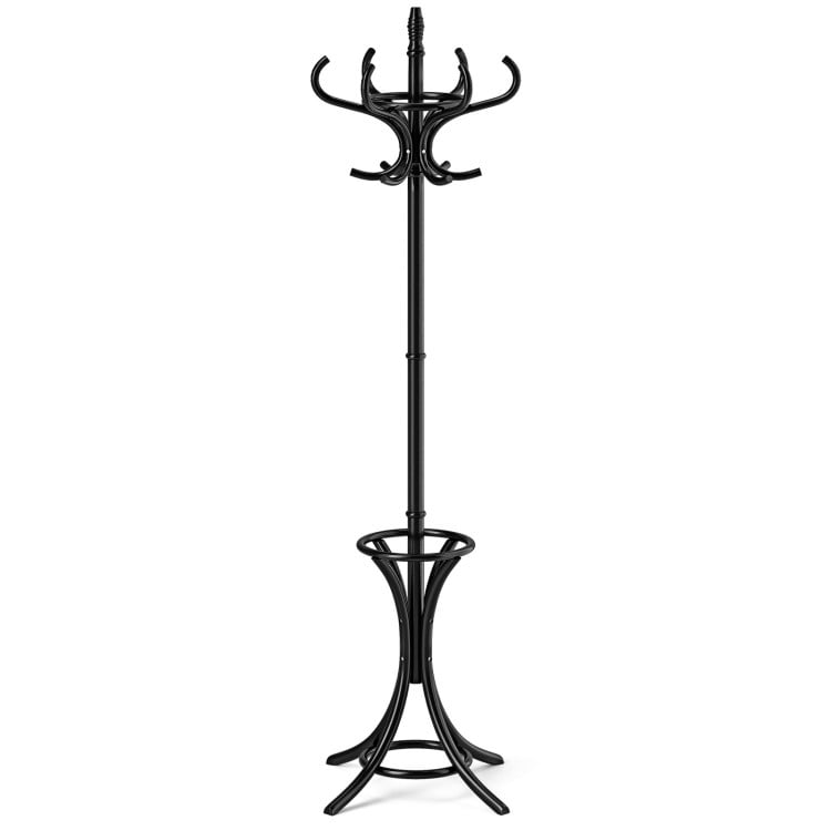 Black wood standing hat coat rack with umbrella stand, featuring a rotating top tier and stylish curved hooks for versatile storage.