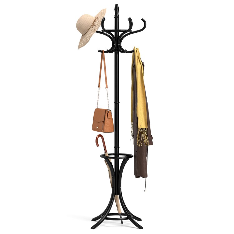 Wood standing coat rack in black with curved hooks, umbrella stand, and compact design for stylish entryway organization.