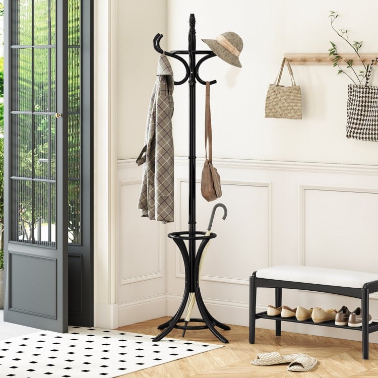 Wood standing hat coat rack in black with umbrella stand, featuring 12 hooks and a compact design for stylish storage.