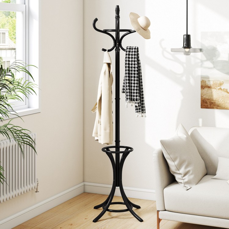 Wood standing hat coat rack in black with umbrella stand, featuring curved hooks and a compact design for stylish storage.