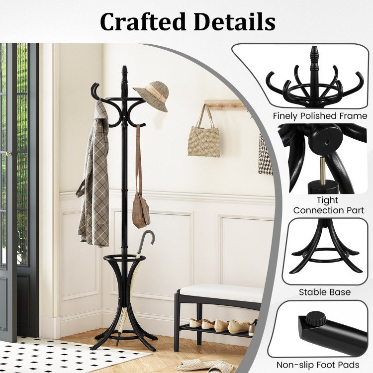 Wood standing coat rack with umbrella stand in black, featuring curved hooks and a compact design for stylish storage.