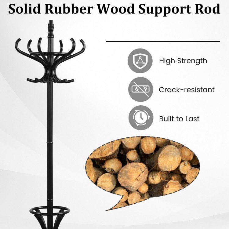 Wood standing hat coat rack with umbrella stand in black, featuring a sturdy birch wood frame and stylish curved hooks.