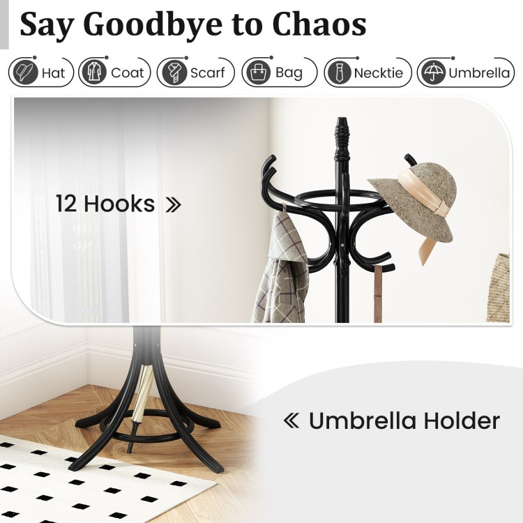 Wood standing coat rack in black with 12 hooks and an umbrella holder, perfect for stylishly organizing your entranceway.