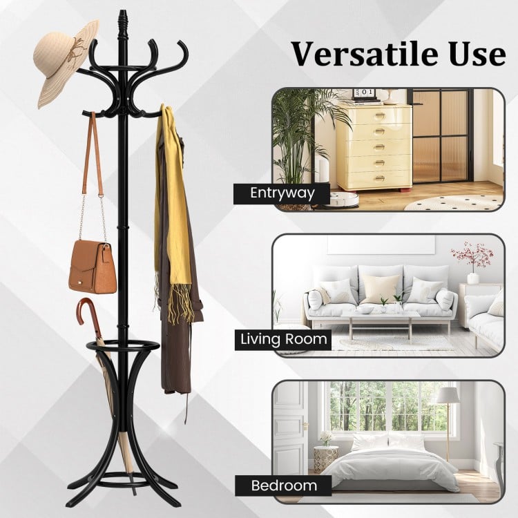 Wood standing hat coat rack with umbrella stand in black, featuring a stylish design and compact structure for versatile use.