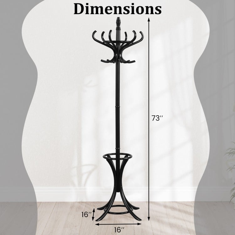 Wood standing coat rack with umbrella stand in black, featuring 12 hooks and a compact design for stylish storage.