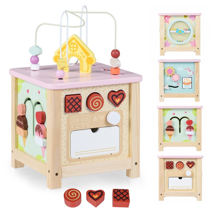 Wooden activity cube for toddlers featuring a dessert theme and removable blocks, designed to enhance sensory and motor.