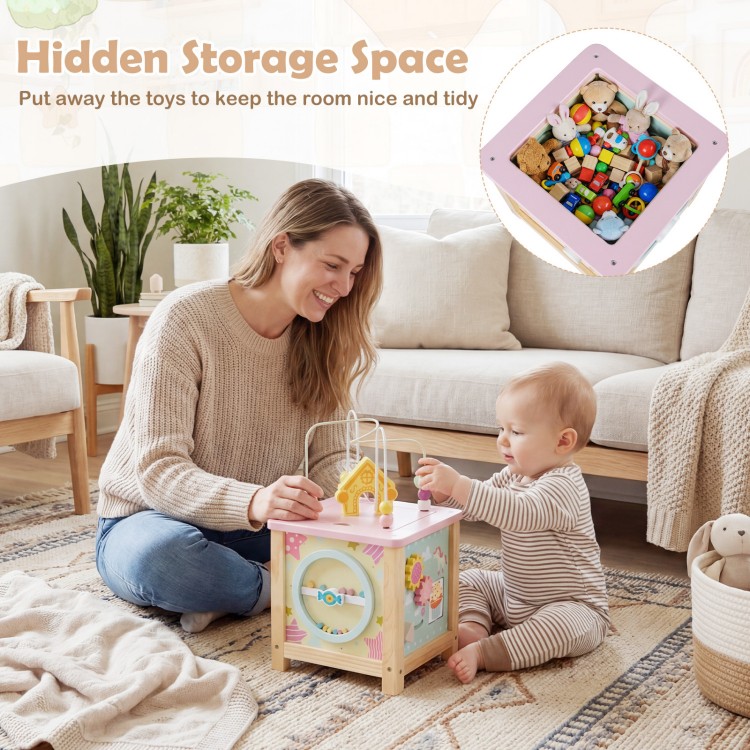 Wooden activity cube with hidden storage, featuring sensory toys and shape matching blocks for toddlers 18+ months.