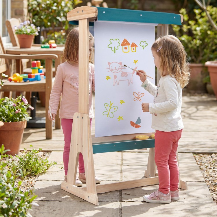 Wooden art easel for kids with paper roll, featuring a fir wood frame and storage trays, perfect for outdoor creativity.