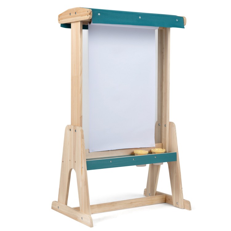 Wooden art easel for kids with a fir wood frame, detachable paper roll holder, and storage trays for art tools.