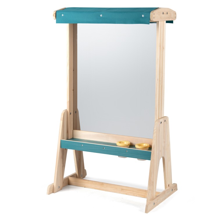 Wooden art easel for kids with a transparent board, canopy, and storage trays, perfect for outdoor painting activities.