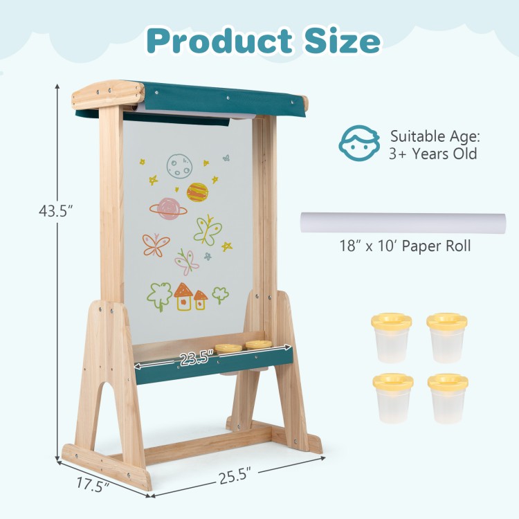 Wooden art easel for kids with a fir wood frame, paper roll, and storage trays, ideal for creative outdoor painting.