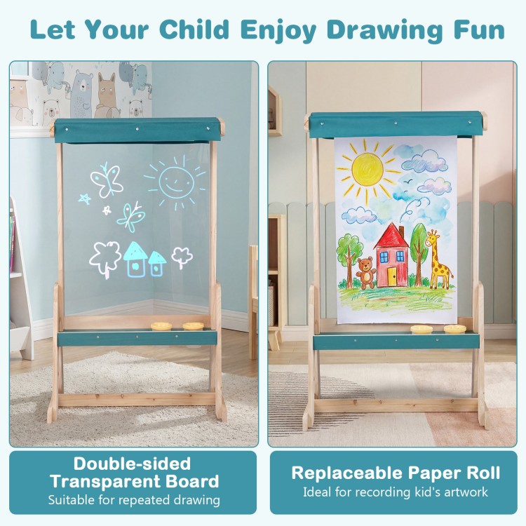Wooden art easel for kids featuring a transparent board and replaceable paper roll, perfect for creative outdoor.