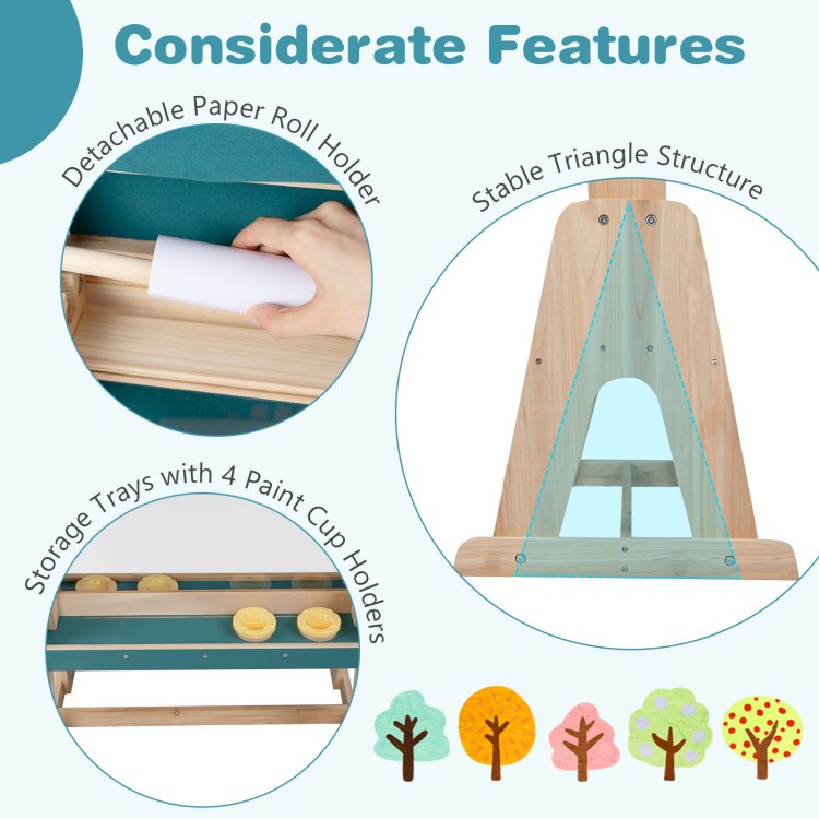 Wooden art easel for kids featuring a stable triangle structure, detachable paper roll holder, and storage trays for.
