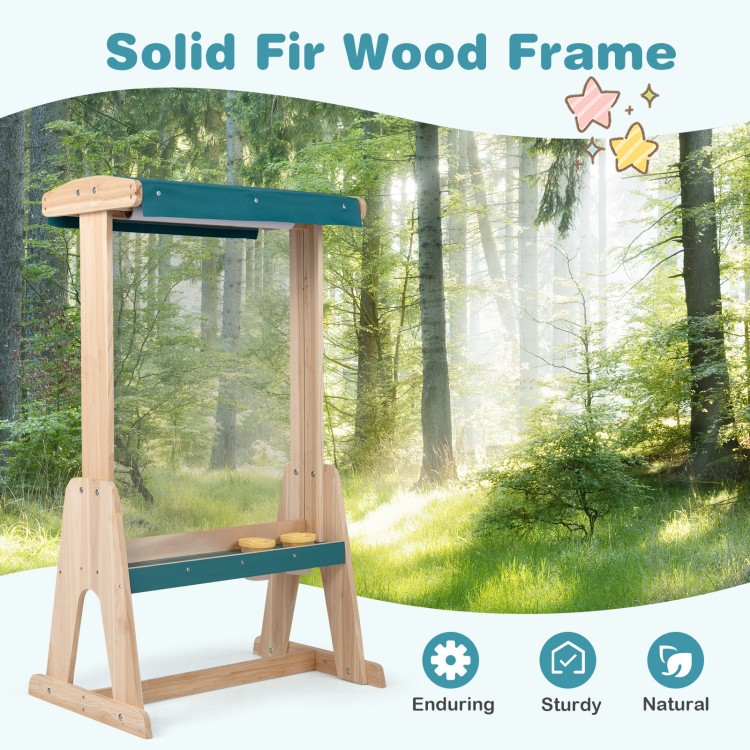 Wooden art easel for kids with a solid fir wood frame, storage trays, and detachable paper roll holder for creative.