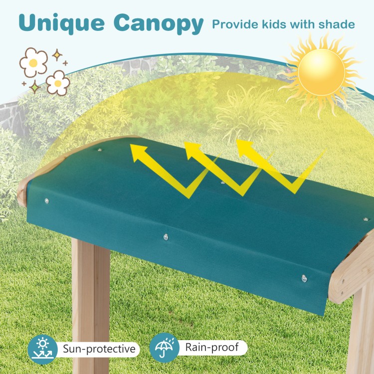 Wooden art easel for kids featuring a sun-protective canopy, ideal for outdoor painting and creative activities.
